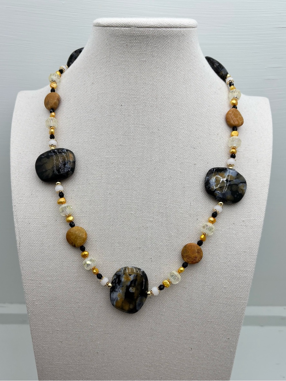 Black and Gold beads, Pearls, Crystals and milk glass with 18k gold plated beads
